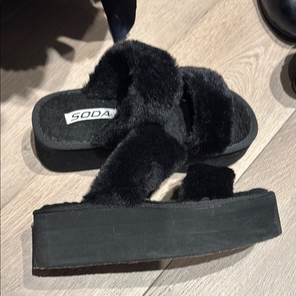 Soda Black Plush Platform Slippers